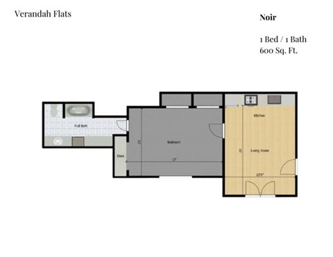 Floor plan for 1 bed, 1 bath, 600 sqft